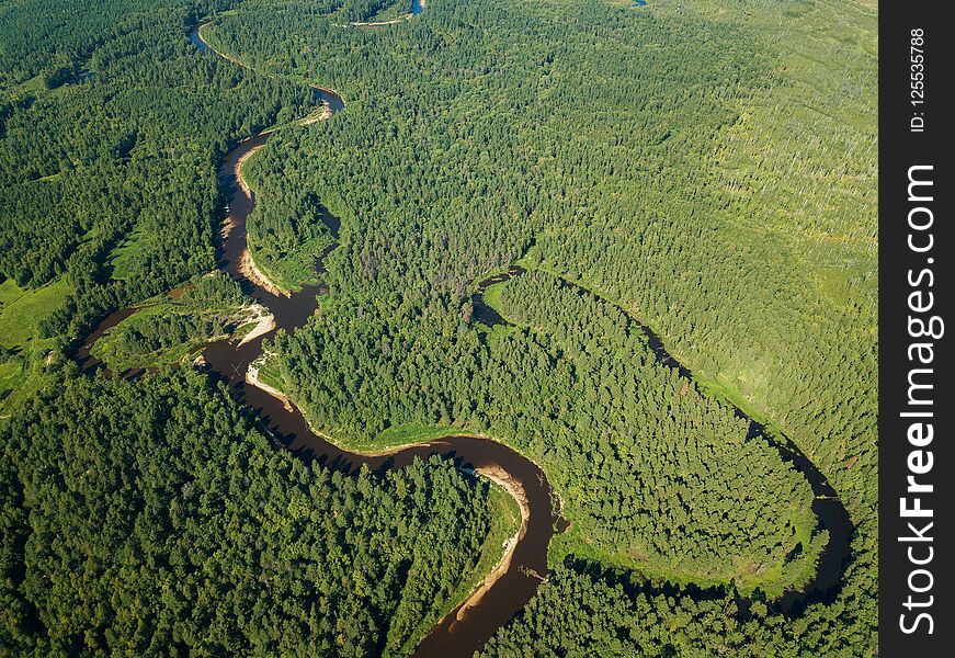 Aerial drone view, the bend of the river with sandy stretches of deep forest on a Sunny day.