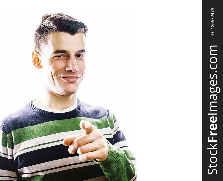 Young handsome teenage hipster guy posing emotional, happy smiling against white background isolated, lifestyle people concept close up