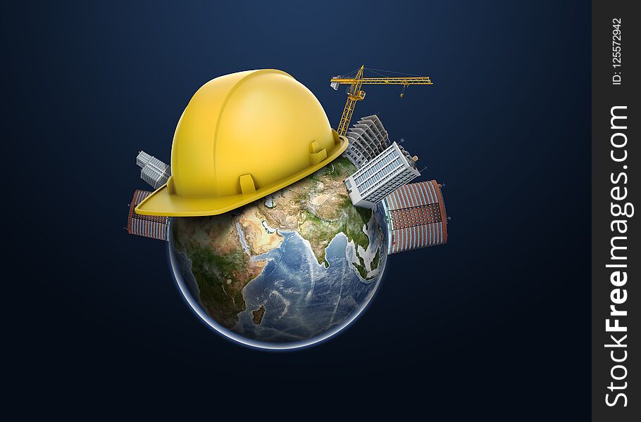 3d Rendering Of Earth Globe Apartment Buildings, Constriction Cranes And One Yellow Hard Hat On Its Surface.