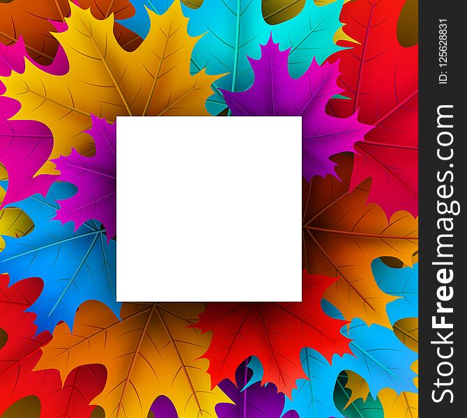 Autumn background with square frame and maple leaves.
