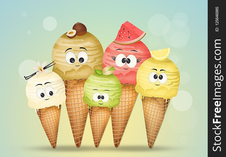 Illustration of various flavors of ice cream with funny faces