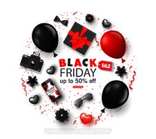 Black Friday Sale Background With Bowtie,smartphone, Camera, Gift Box, Sunglasses, Hearts,balloons, Flowers And Royalty Free Stock Image