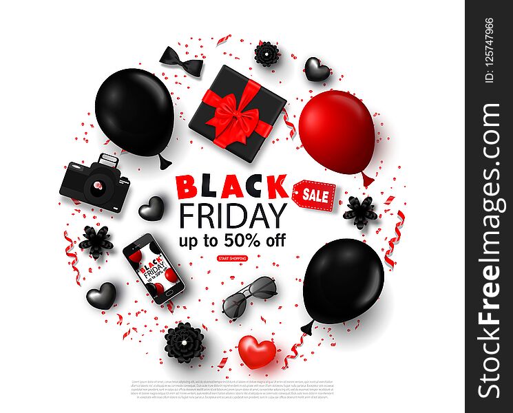 Black friday sale background with bowtie,smartphone, camera, gift box, sunglasses, hearts,balloons, flowers and