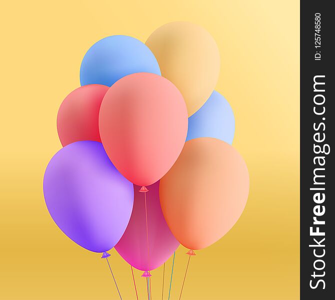 Set of colorful realistic mat helium balloons floating on yellow background. Vector 3D balloons for birthday, party, wedding or promotion banners or posters. Vivid illustration in pastel colors.