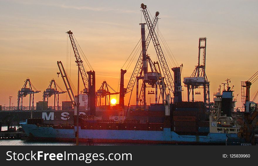 Sunset, Ship, Dusk, Port