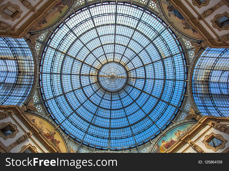 Interior of the Vittorio Emanuele II Gallery, square Duomo, in the city center of Milan.