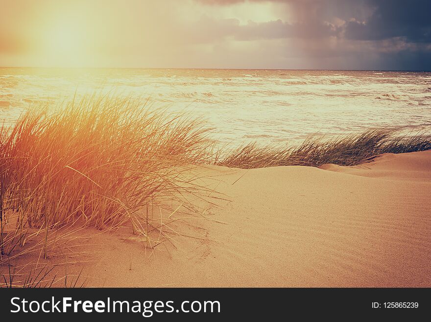 Pick elements of sun, sky, storm at a sea and sand dune, vintage style image - nature seascape background. Pick elements of sun, sky, storm at a sea and sand dune, vintage style image - nature seascape background