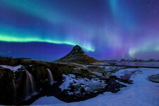 Kirkjufell And Aurora In Iceland. Stock Photos