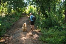 Man Hiker Walking Up On A Footpath In The Forest With His Dog On Royalty Free Stock Photos Man Hiker Walking Up On A Footpath In The Forest With His Dog On Royalty Free Stock Photos
