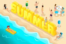 Isometric Letters Summer, Font, People, Characters, Relax At The Resort, Vacation, A Trip To The Sea, Sea Surf, Beach, Sunburn Royalty Free Stock Image