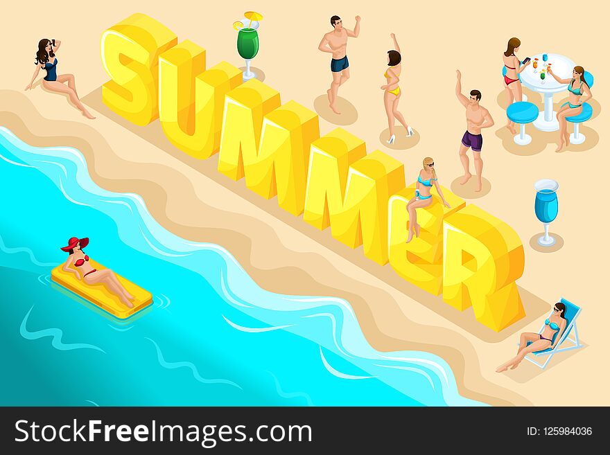 Isometric letters summer, font, people, characters, relax at the resort, vacation, a trip to the sea, sea surf, beach, sunburn, girls in swimsuits. Bright summer concept.