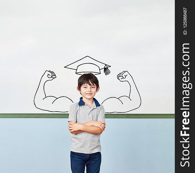 Pupils In Front Of Whiteboard With Muscles And Mortarboard