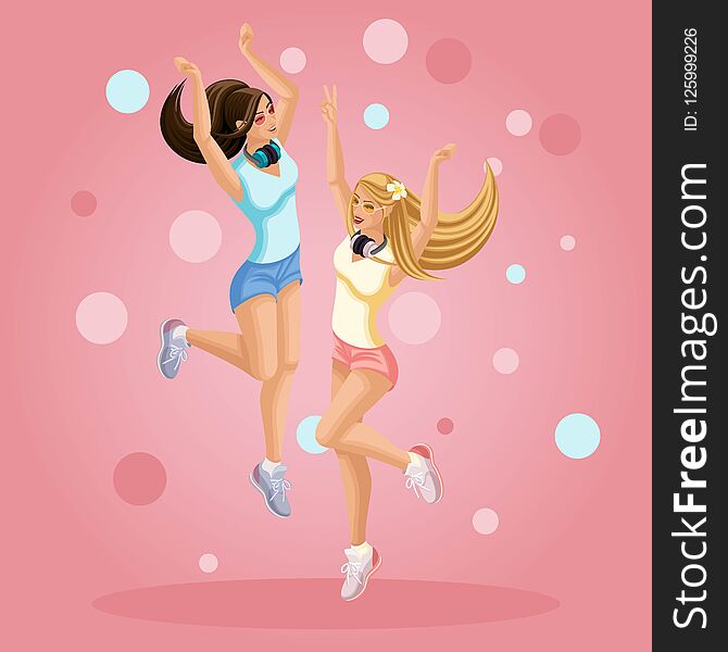 Isometrics young girls are happy, jumping, having fun, hair developing in the wind teenager, generation Z, bright background summe