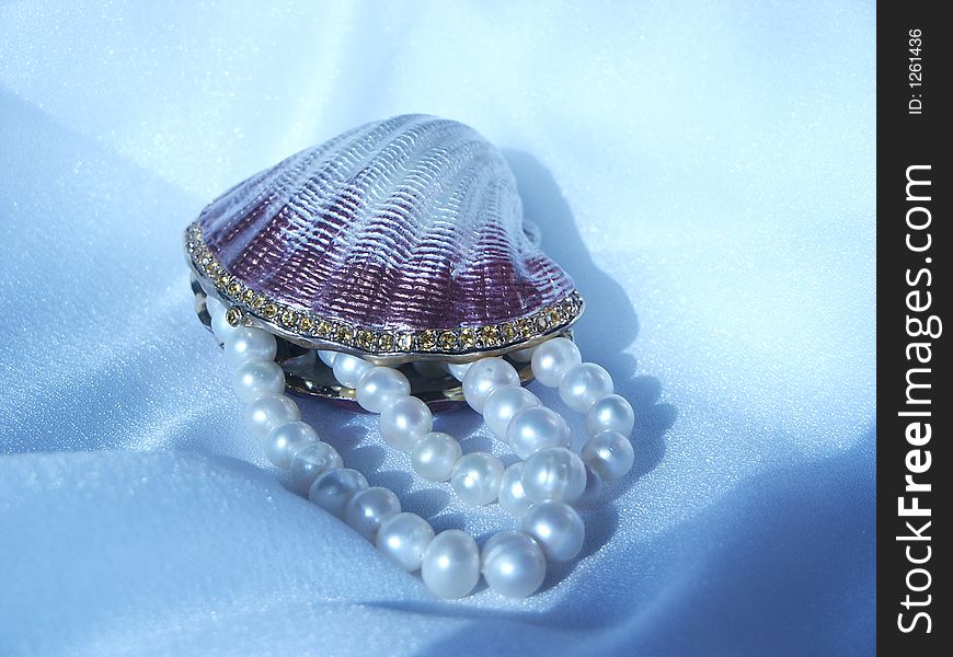 Shell decorated with jewelry and a beads of pearls. Shell decorated with jewelry and a beads of pearls