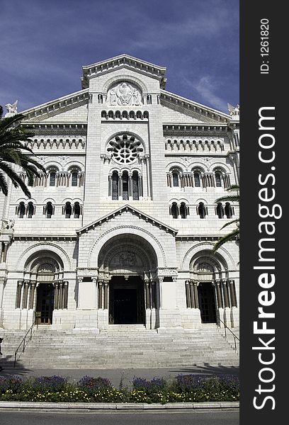 Front facade of the imposing ancient cathedral of Monaco. Front facade of the imposing ancient cathedral of Monaco