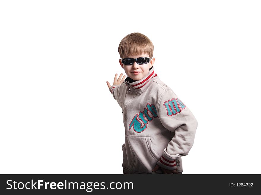 Boy in casual clothes supports smth that can be your product. Shot in studio. Isolated with clipping path.