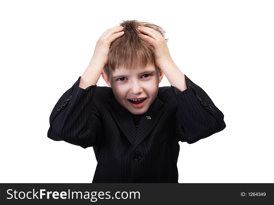 Close-up of boy in business suit. Shot in studio. Isolated with clipping path. Close-up of boy in business suit. Shot in studio. Isolated with clipping path.