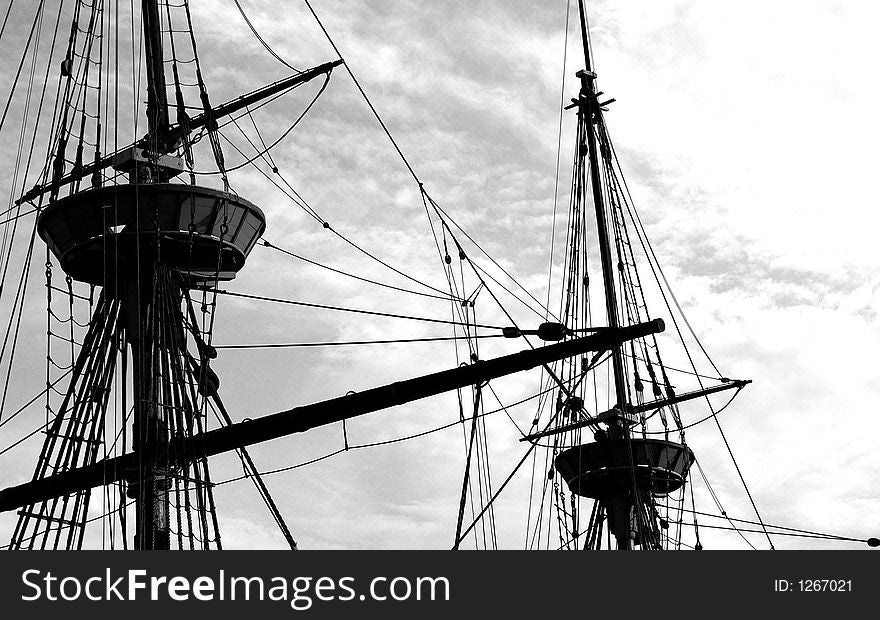 The masts of a ship in black and white. The masts of a ship in black and white