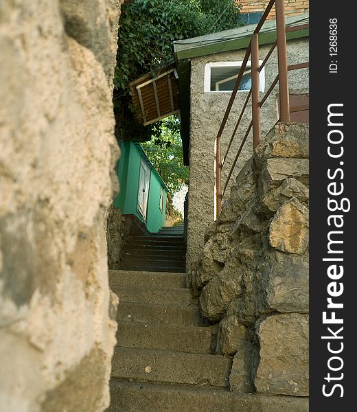Tight alleyway and staircase in village. Tight alleyway and staircase in village