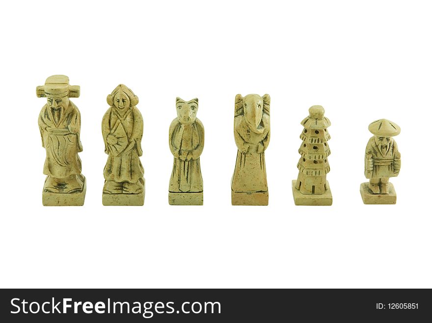 Display of white pieces of a stone chess set isolated on white background. Display of white pieces of a stone chess set isolated on white background