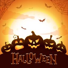 Halloween Poster. Glowing Halloween Pumpkins,flying Bats, Spider And Web On Abstract Background With Big Moon Stock Photos