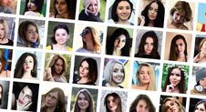 Collage Group Portraits Of Young Caucasian Girls For Social Media Network. Set Of Square Female Avatar Isolated On A White Stock Photos