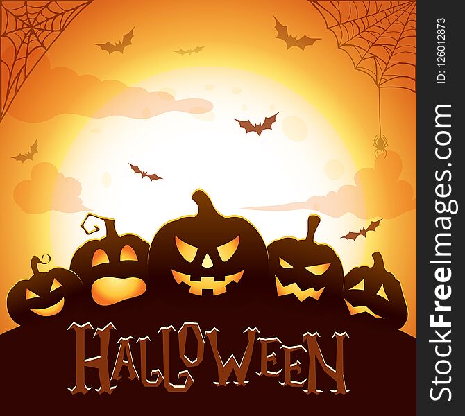 Halloween vector poster. Glowing Halloween pumpkins,flying bats, spider and web on abstract background with big moon