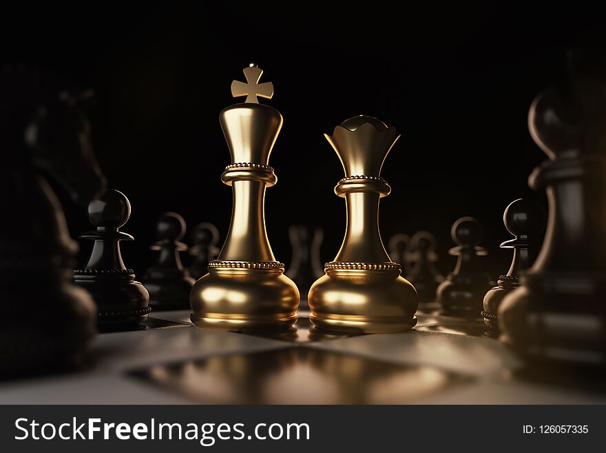 Golden King and Queen Chess piece Concept for business competition and strategy.
