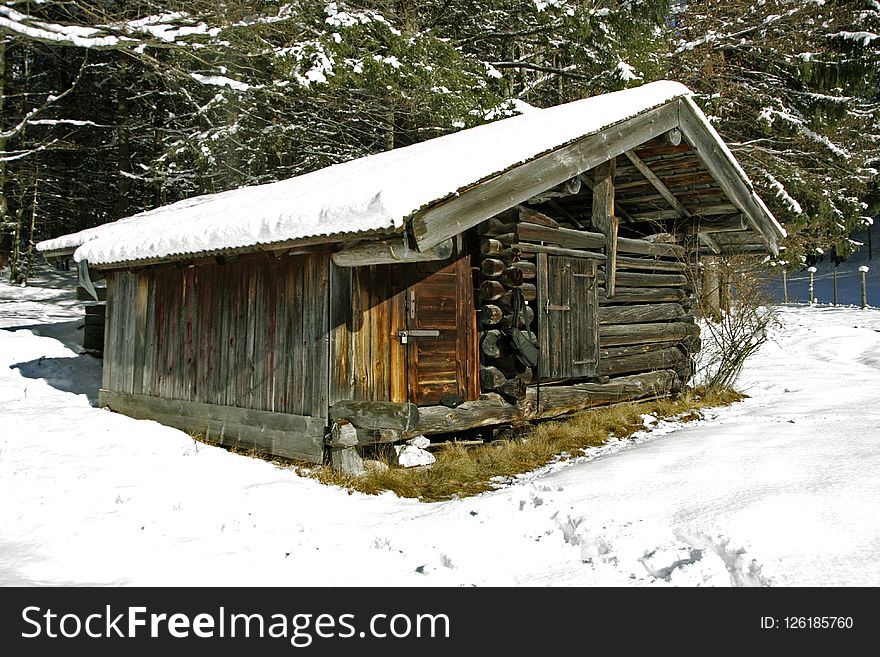 Snow, Winter, Log Cabin, Shack