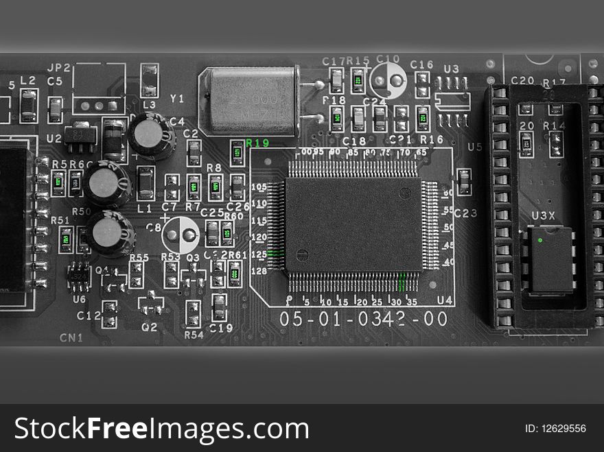 The computer electronic card with chips, microprocessors, transistors, explorers and other electronic parts. The computer electronic card with chips, microprocessors, transistors, explorers and other electronic parts.