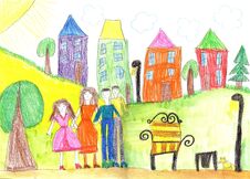 Child`s Drawing Happy Family Walk Outdoors Together Stock Image