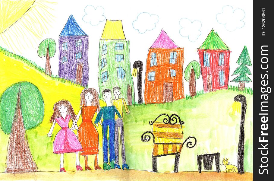 Child`s drawing happy family and pets walk park outdoors together. Child`s drawing happy family and pets walk park outdoors together