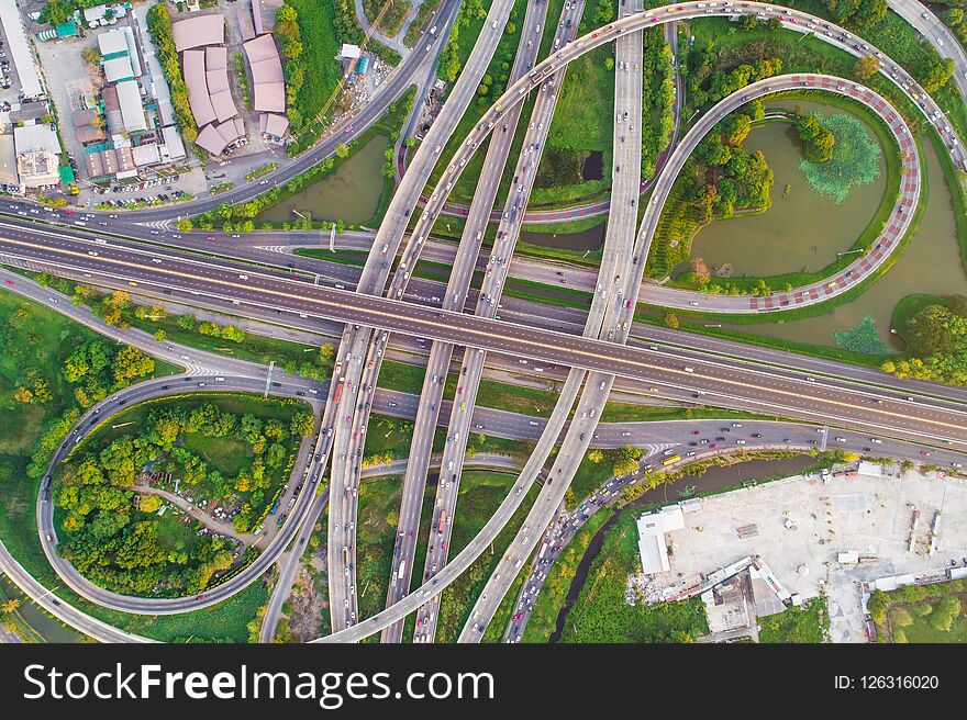 Aerial view transport city overpass road with vehicle movement