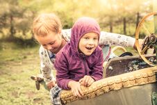 Happy Cheerful Chidren Kids Fun Playing Outdoors Park Playground Yellow Sunlight Autumn Landscape Concept Happy Carefree Childhood Stock Photography