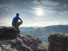 Hiker Watching To Sun At Horizon. Beautiful Moment The Miracle Stock Photography