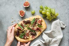 Flatbread Pizza With Figs, Arugula And Prosciutto Stock Photos Flatbread Pizza With Figs, Arugula And Prosciutto Stock Photos