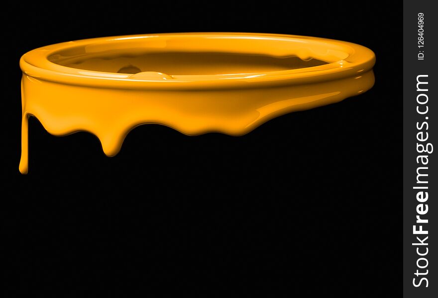 Colorful paint leaking down on wall of metal bucket. Isolated over black background. Colorful paint leaking down on wall of metal bucket. Isolated over black background