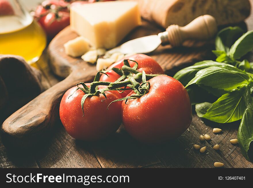 Tomatoes on vine, italian food ingredients