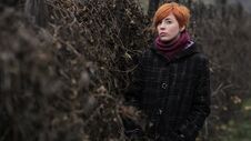 Sweet Red-haired Girl In A Black Coat And Purple Knitted Scarf Is Standing By The Fence Overgrown With Grapevine Or Ivy, Girl Or W Royalty Free Stock Image