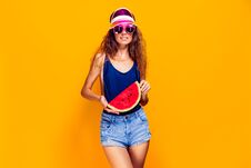 Woman In Cap And Swimwear Hold Slice Of Watermelon Stock Image