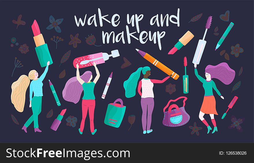 Small girl chacacters with cosmetics. Vector.
