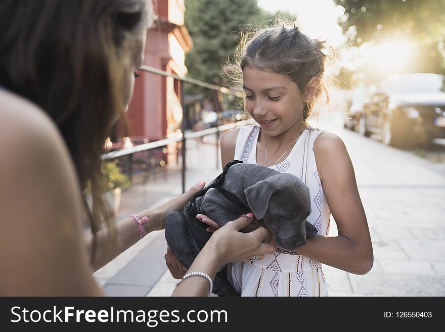 Black puppy playing with a girl and her mom