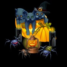 Poster In Style Of Holiday All Evil Halloween. Three Gray Kitten And Pumpkins At Midnight. Glowing Jack-o-lantern Royalty Free Stock Images