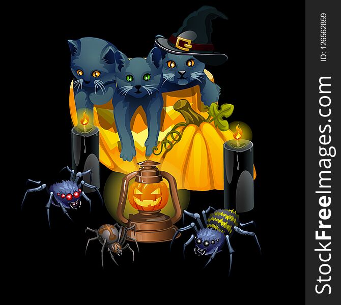 Poster in style of holiday all evil Halloween. Three gray kitten and pumpkins at midnight. Glowing Jack-o-lantern