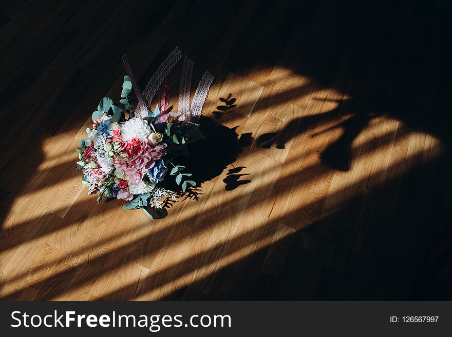 Bouquet and accessories of bride .Wedding details. Wedding accessories.