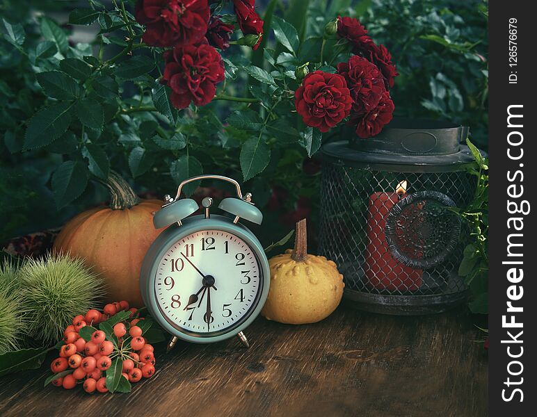 Autumn flowers from the garden, thanksgiving decor with alarm clock and pumpkins. Autumn flowers from the garden, thanksgiving decor with alarm clock and pumpkins