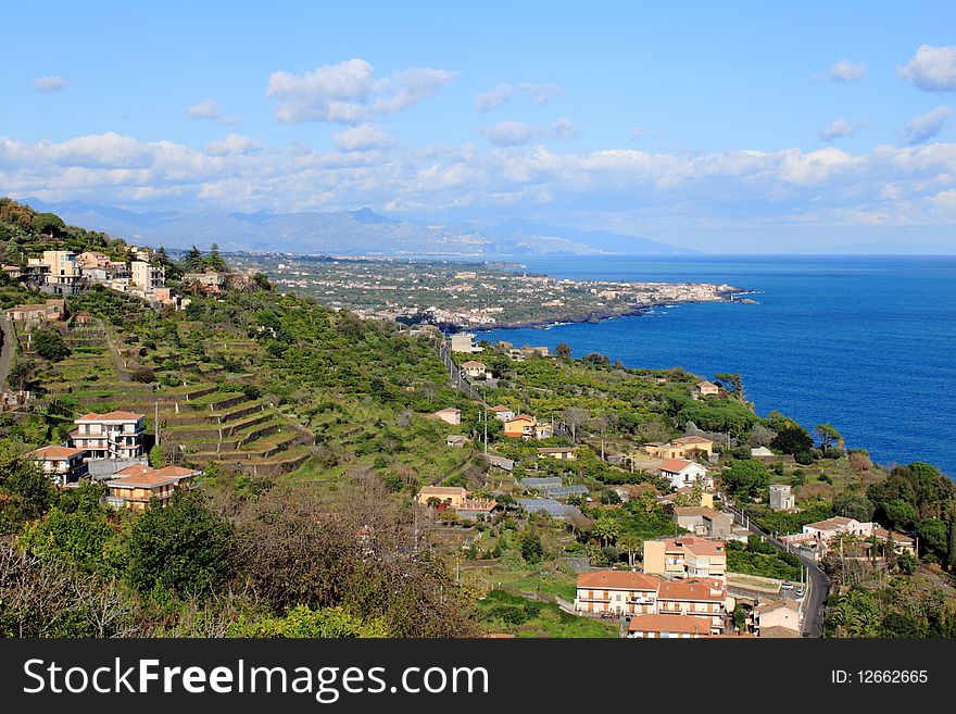 Panoramic view of the towm and the sea in Sicilia