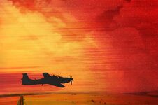 Silhouette Of A Single Airplane Flying On A Fire Red Sky, Seems Stock Photos