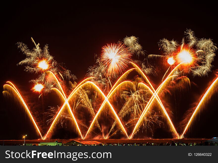 International festival of fireworks in Kaliningrad. Ð¡hampionship September 2018. Romania, Switzerland, Lithuania. Beautiful fireworks on the dark night sky.