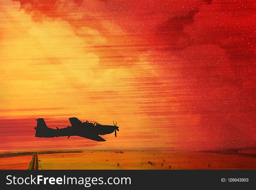 Silhouette of a single airplane flying on a fire red sky, seems like a post war flight. Dramatic look. Red clouds, warm colours. Space for text on the sky.